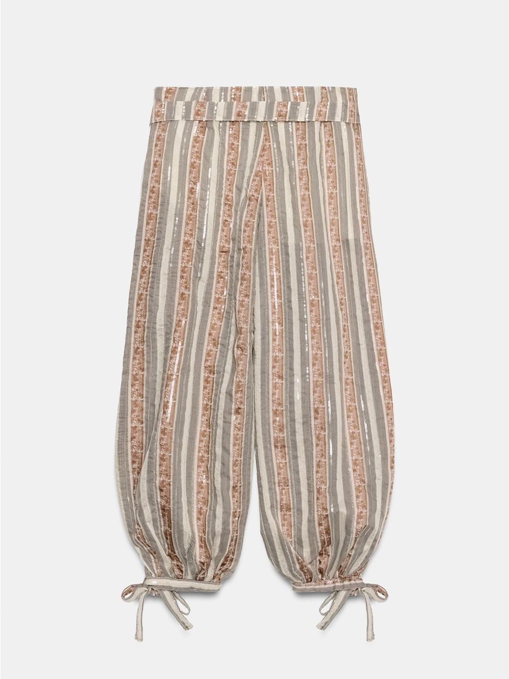 Striped Tie-Hem Kids Pants in Beige and Gray
